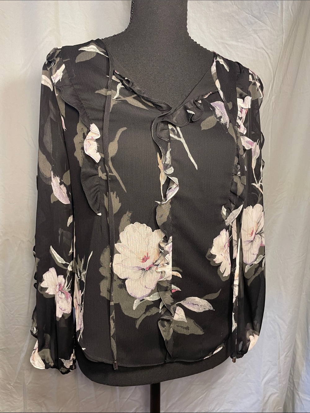 White House Black Market Black Floral Ruffle Tie-Front Blouse